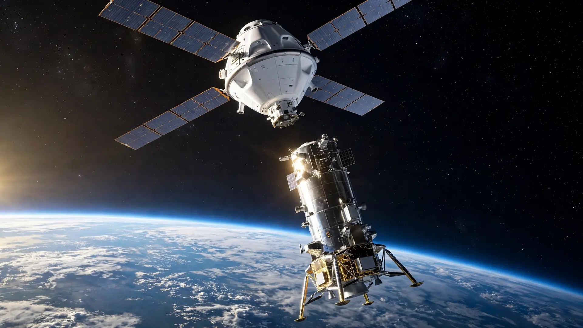 A white Orion-style crew capsule with extended solar array wings approaching a tall stainless-steel lunar lander test vehicle in low Earth orbit, the curved blue limb of Earth glowing below against a starfield