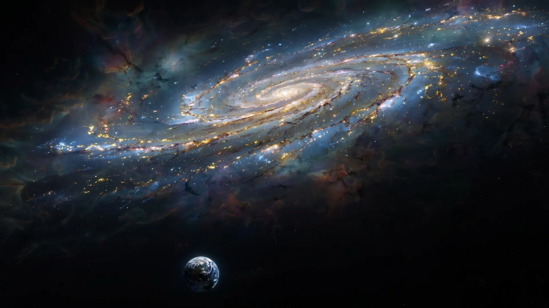 A lone Earth-like planet beneath a vast, silent spiral galaxy — the cosmic loneliness of the Fermi paradox