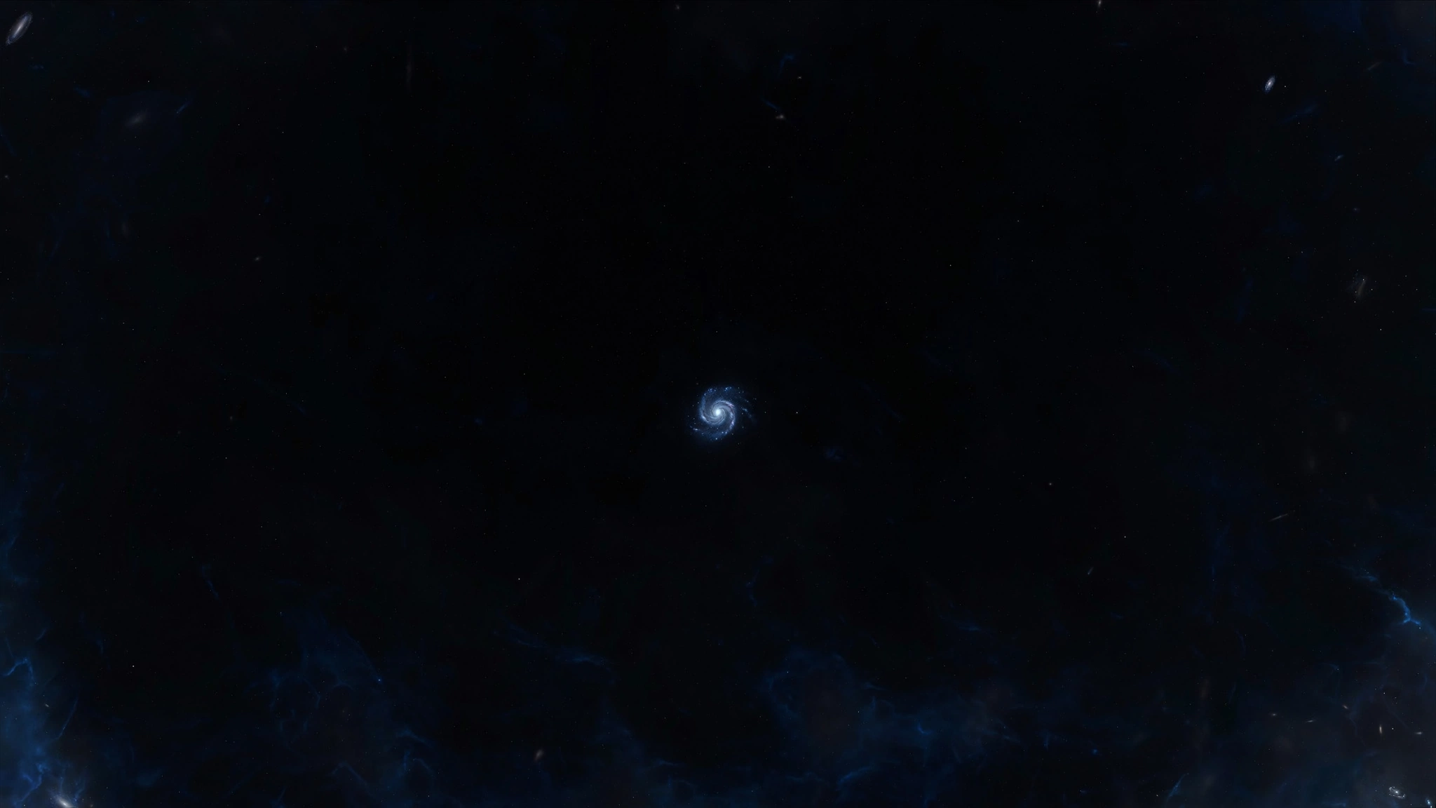 The Milky Way as a small glowing blue-white spiral galaxy drifting alone in an immense dark cosmic void, vast empty black space stretching in all directions with only a few faint distant galaxies at the far edges
