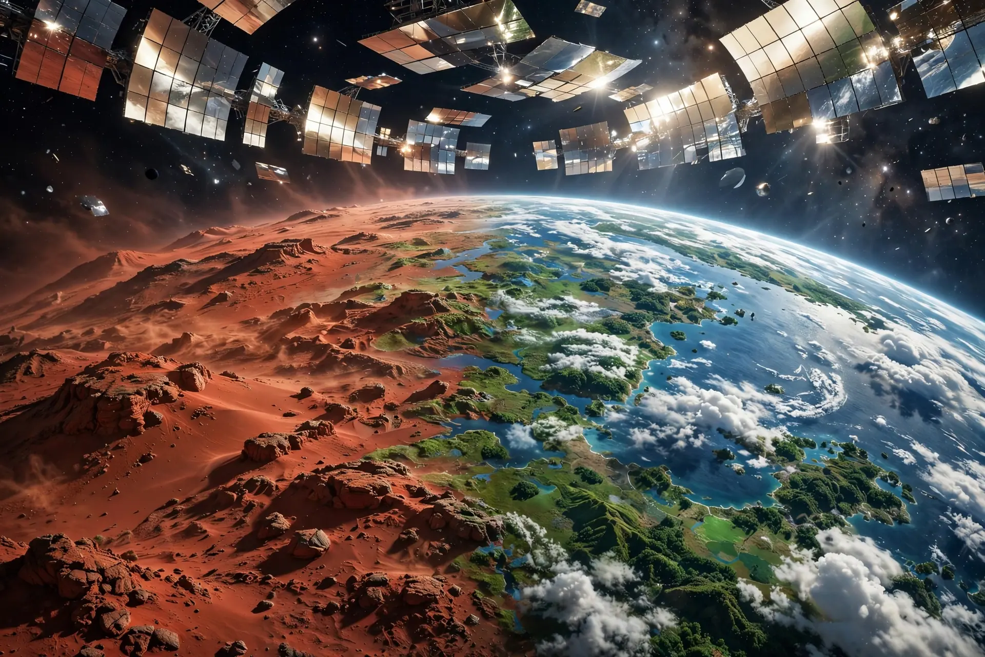 Mars mid-transformation, red desert blending into blue oceans and green land under orbital mirrors
