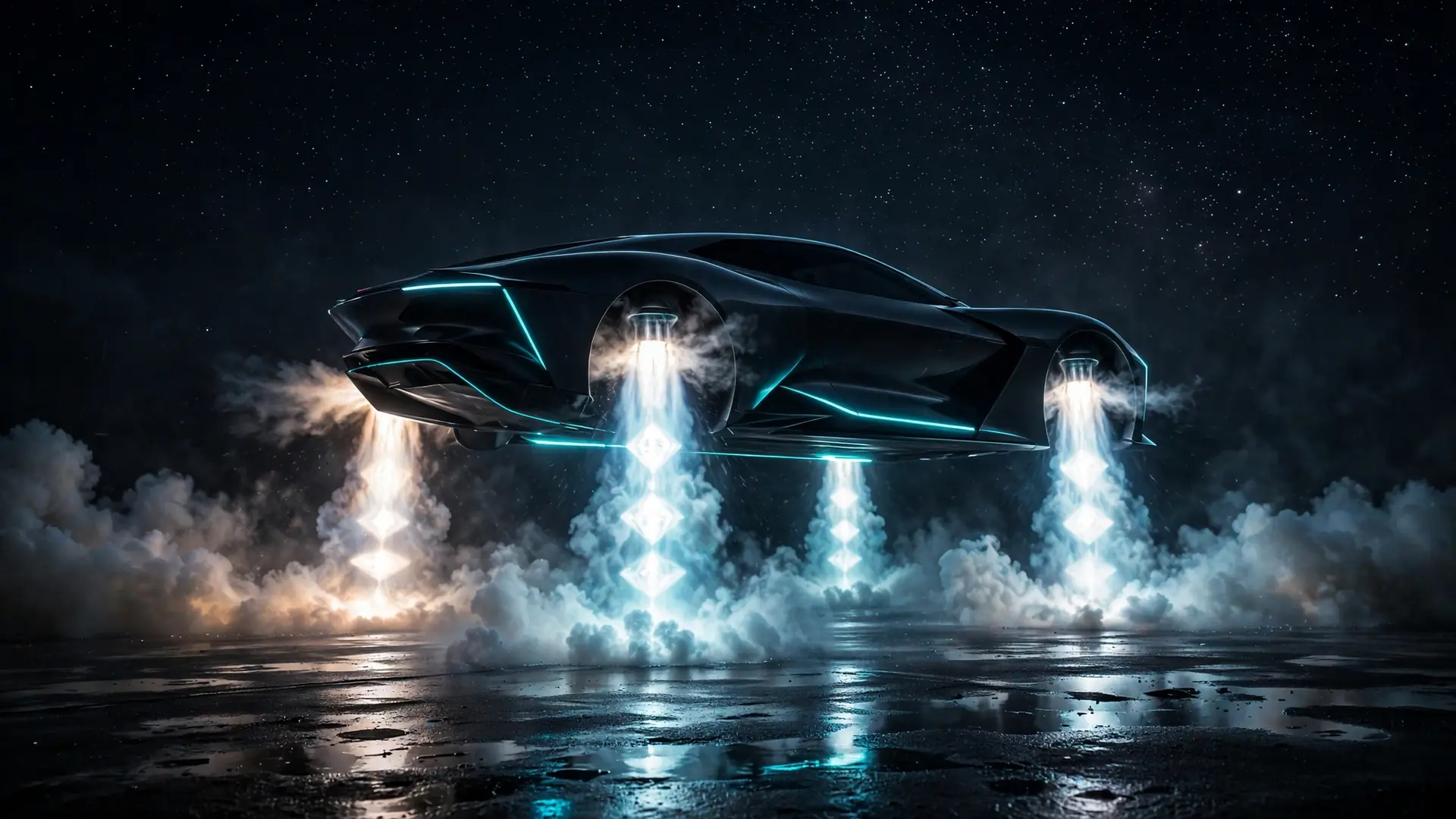 A sleek unbranded futuristic car hovering above wet pavement at night, brilliant compressed-air thruster plumes erupting from its sides like rocket exhaust under a star-filled black sky with neon cyan rim lighting