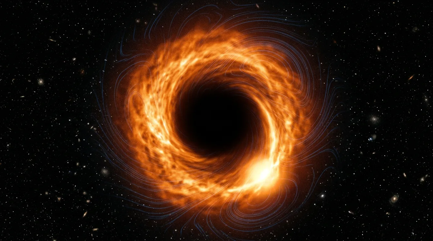 An orange ring of plasma around a black hole shadow with a bright flare on its edge