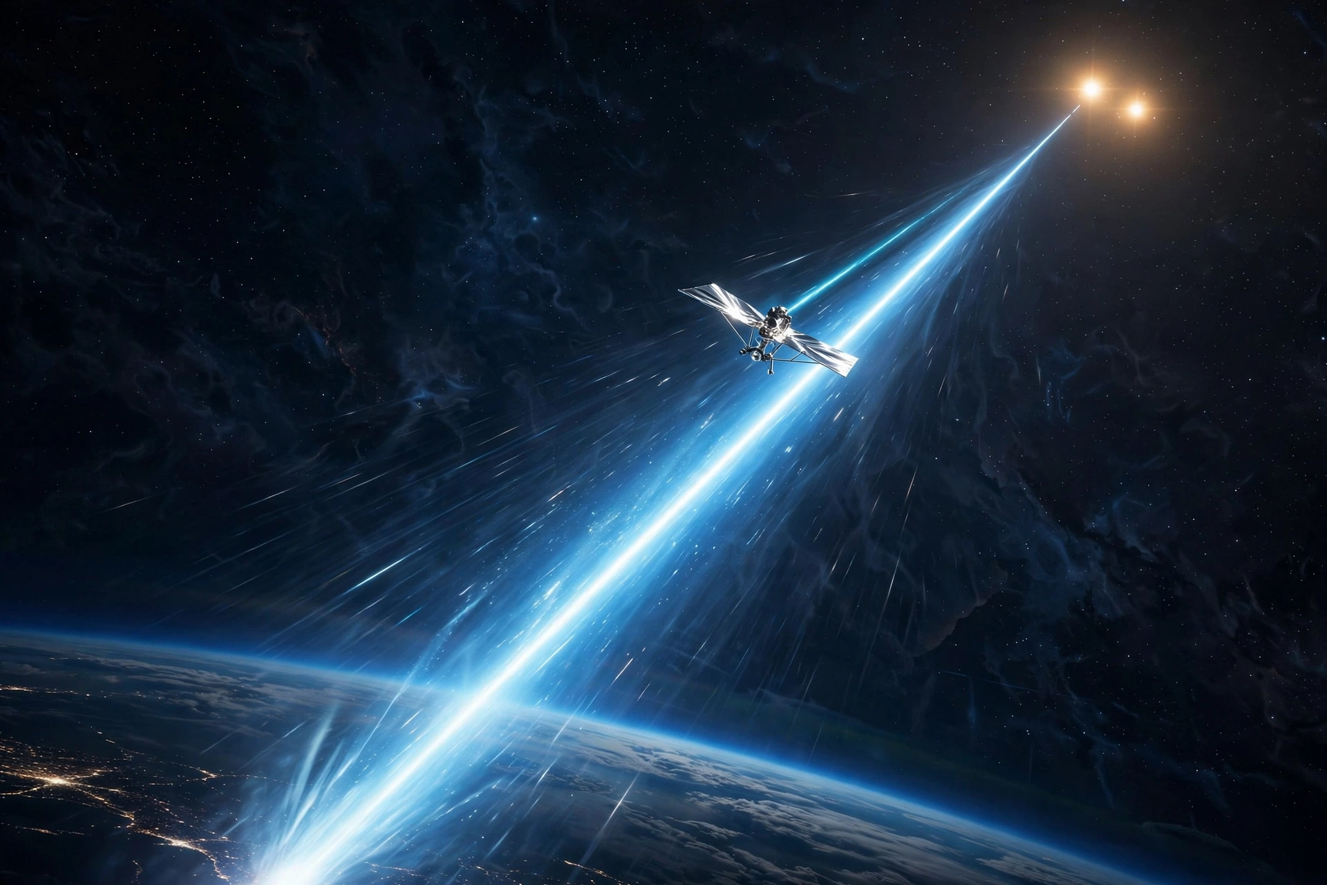 A tiny lightsail spacecraft riding a giant laser beam toward distant stars
