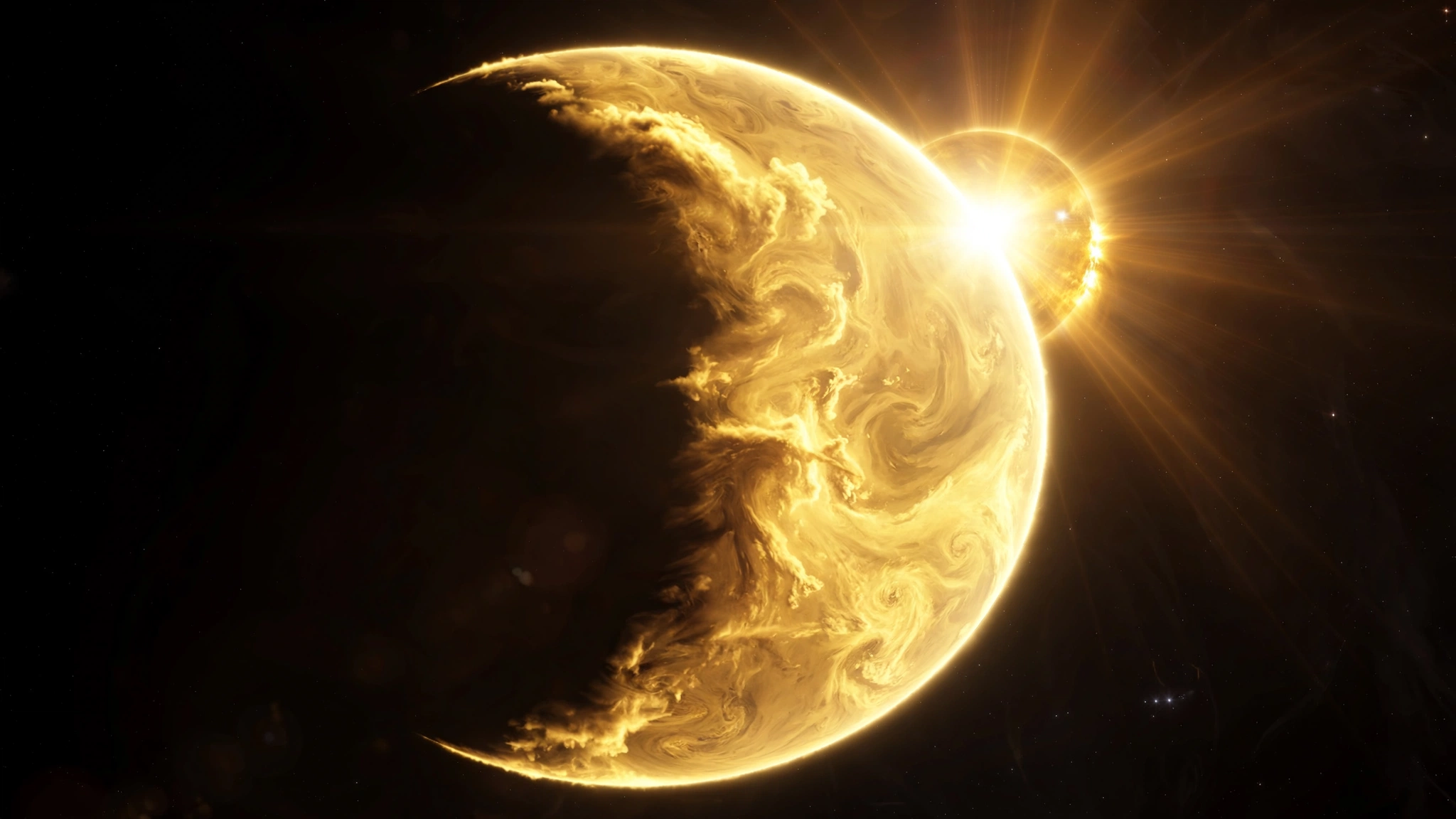 Venus as a glowing golden crescent of thick swirling sulfuric acid clouds seen from orbit, the Sun flaring just beyond the planet’s limb against black space