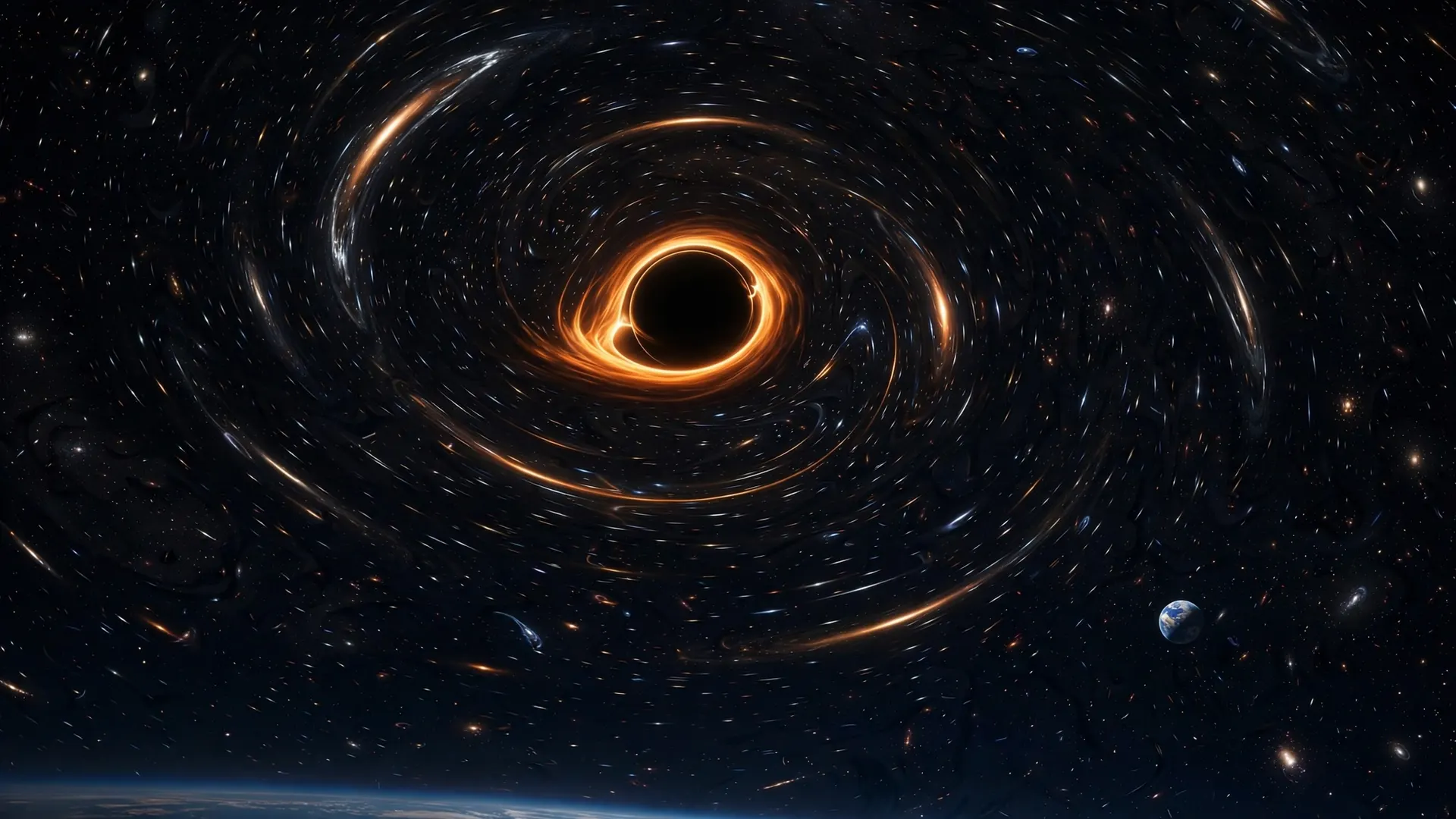 A small black hole with a glowing orange accretion ring where the Sun should be, background starlight bending around it, with a tiny blue Earth in the distance