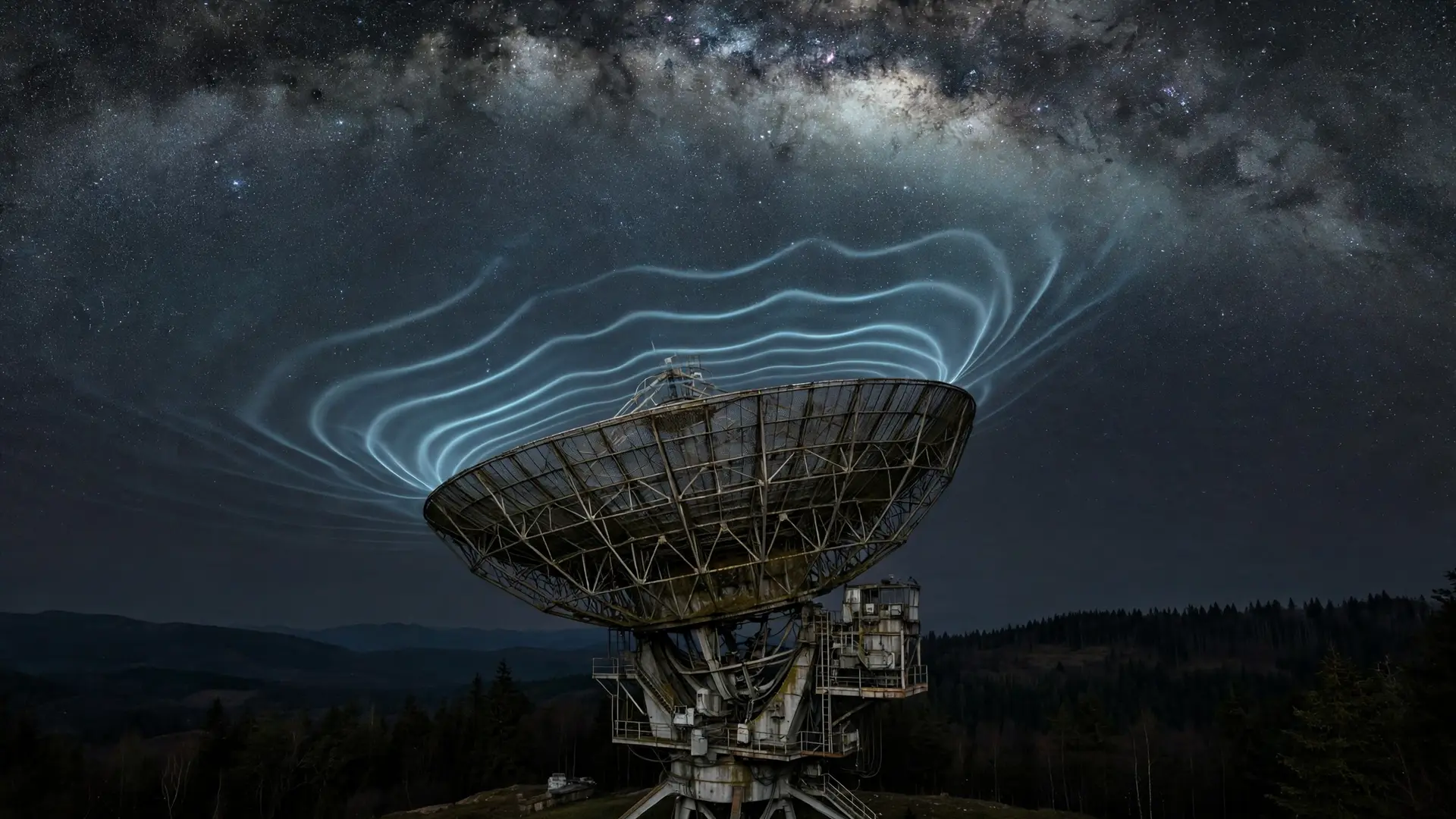 A large vintage radio telescope dish under a dense Milky Way sky at night, with glowing blue radio waves rippling upward from the dish into the stars